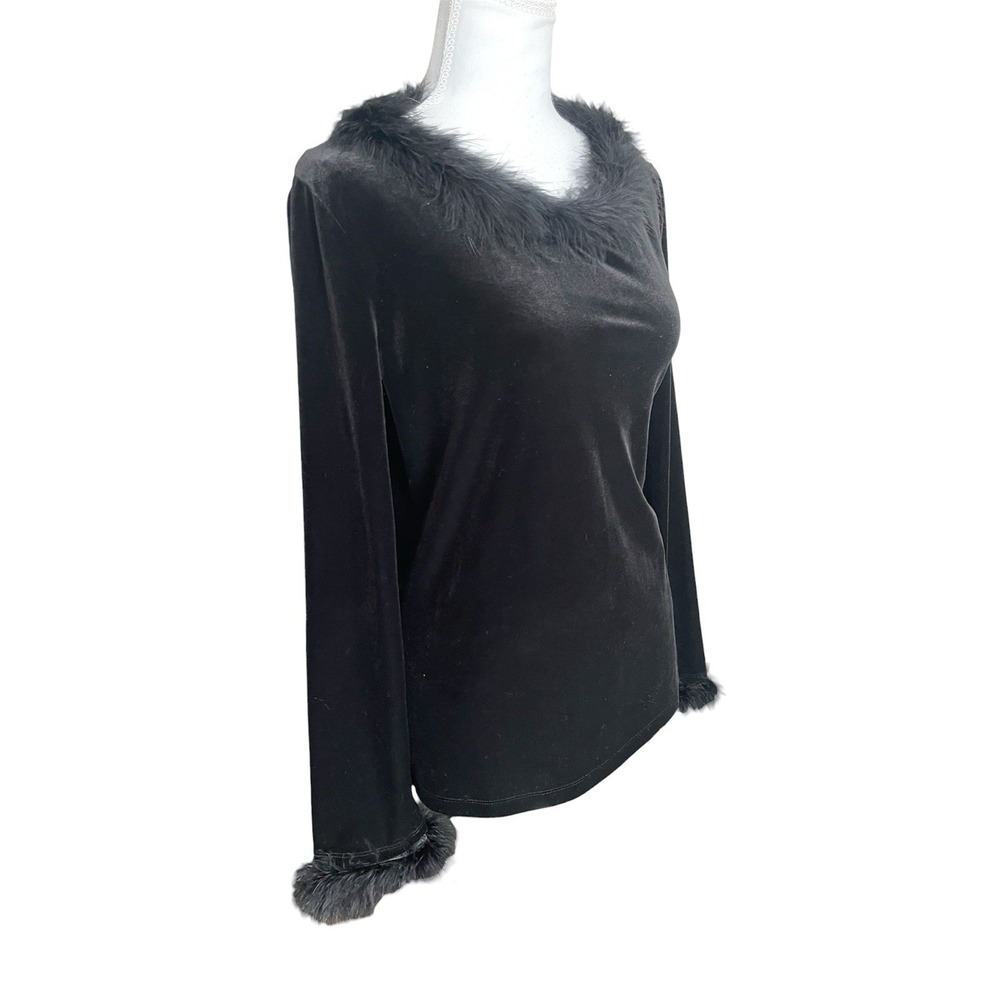 Vintage 90s Black Velvet Long Sleeve Top Fur Feather Trim Vampy Gothic Glam Sz M - Picture 5 of 12